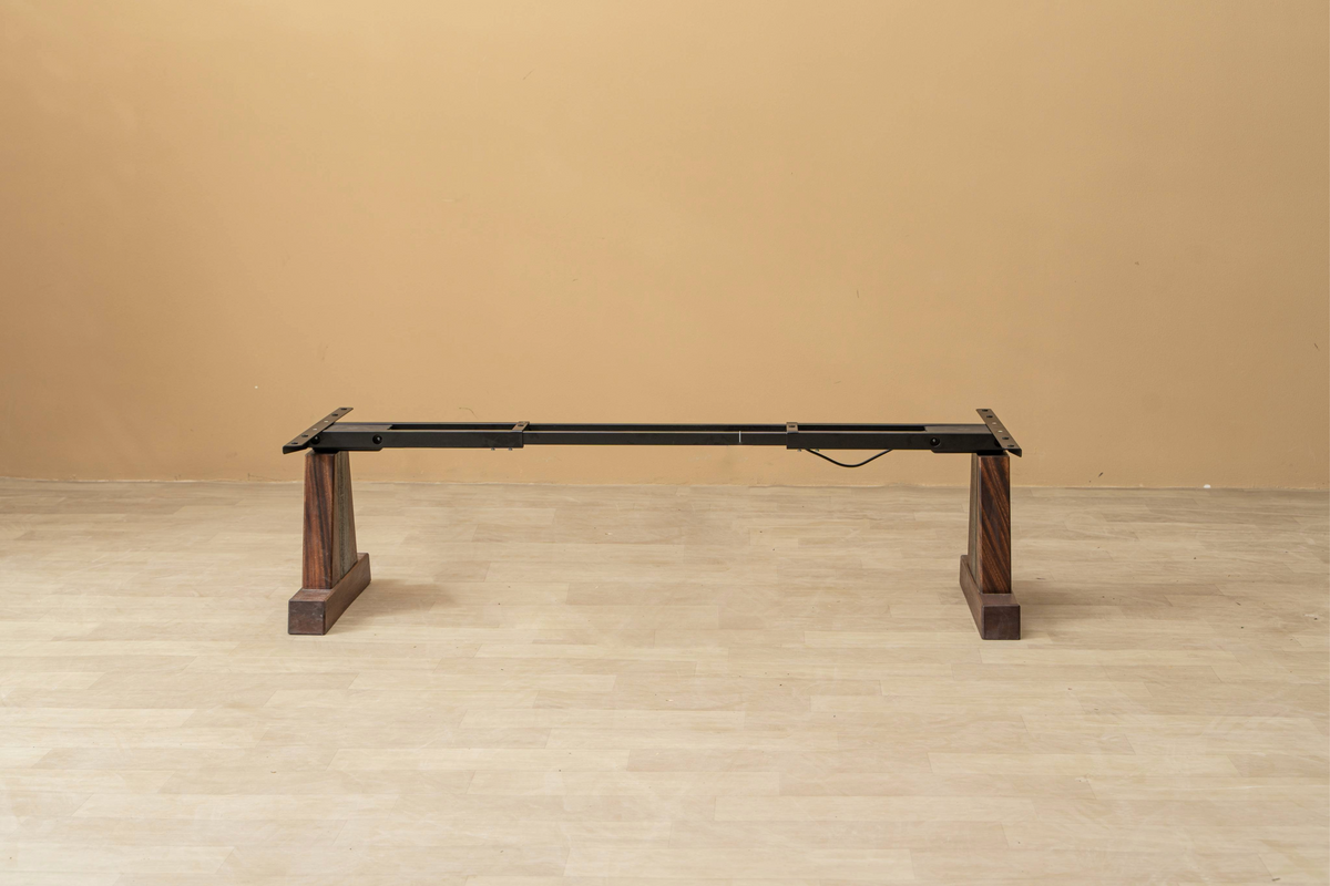 Black walnut Axiom Stands from front, showcasing adjustable mechanism for custom table heights.