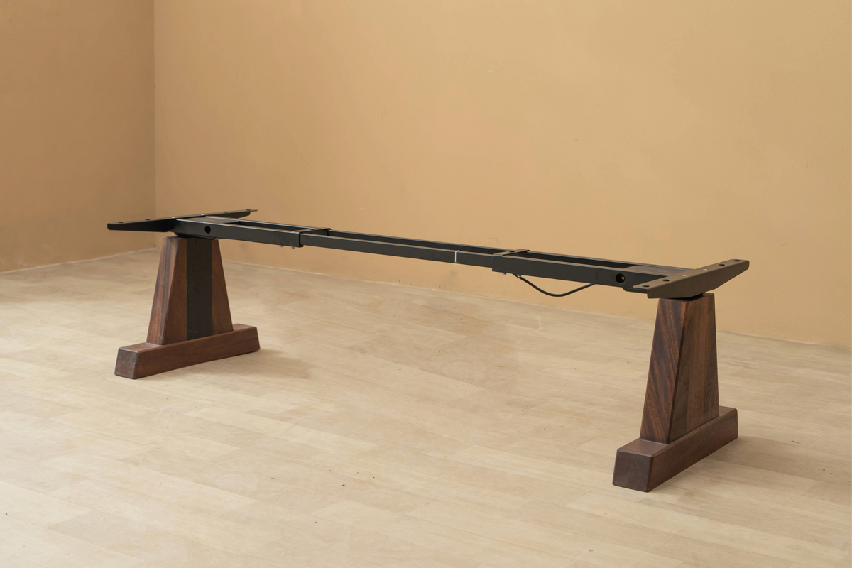 Front-angle view of black walnut Axiom Stands, highlighting adaptable design and wood grain.