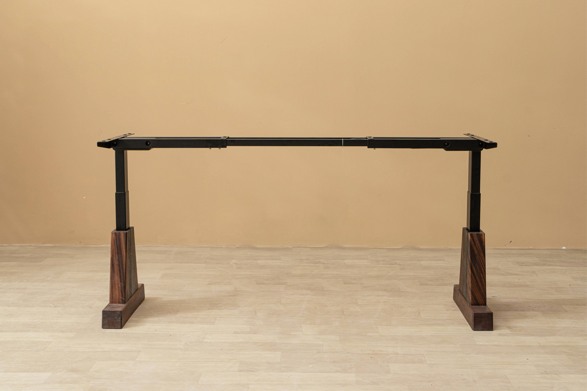Front view of Axiom Stands raised to full height, showcasing 45-75cm adjustable range in black walnut.