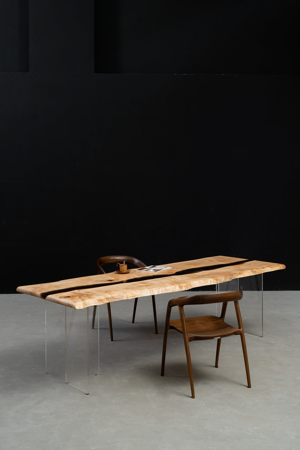 In-situ Woodslabs Japanese Tochi live-edge dining table styled in minimalist interior setting