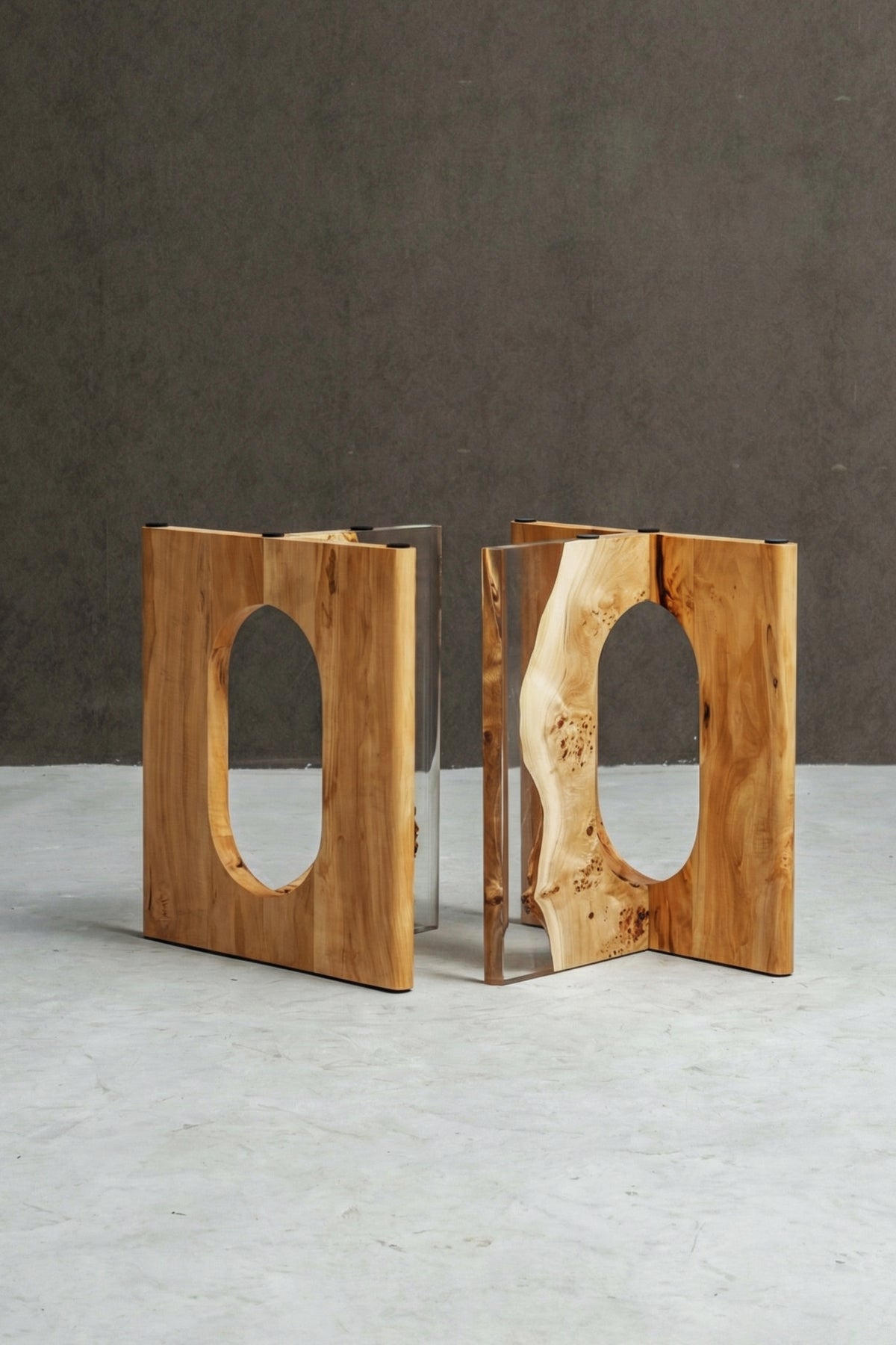 French Poplar Pillars of Symposium stands with clear resin and architectural oval cut out