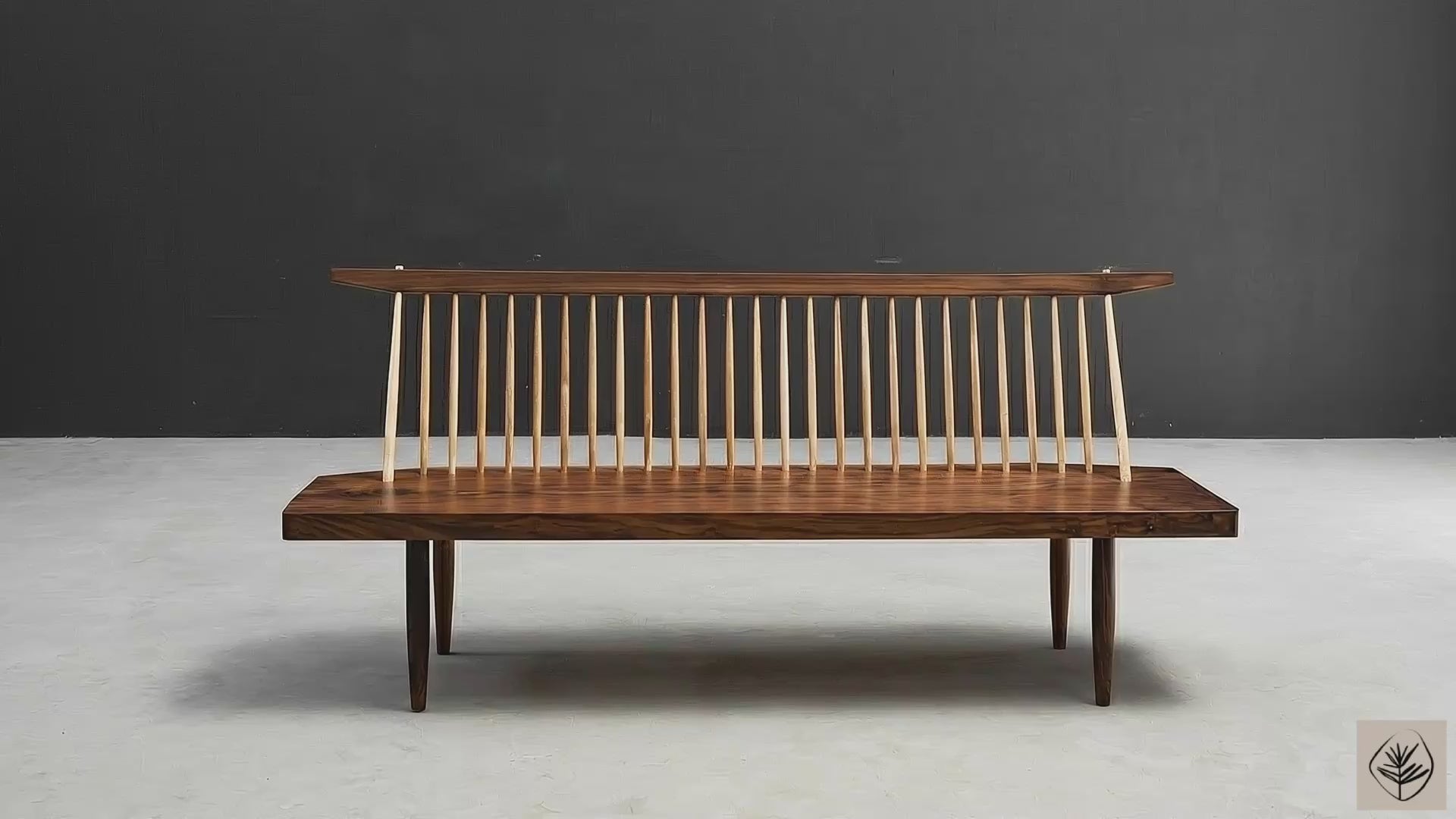 String Theory bench in black walnut with ash spindle backrest by Woodslabs