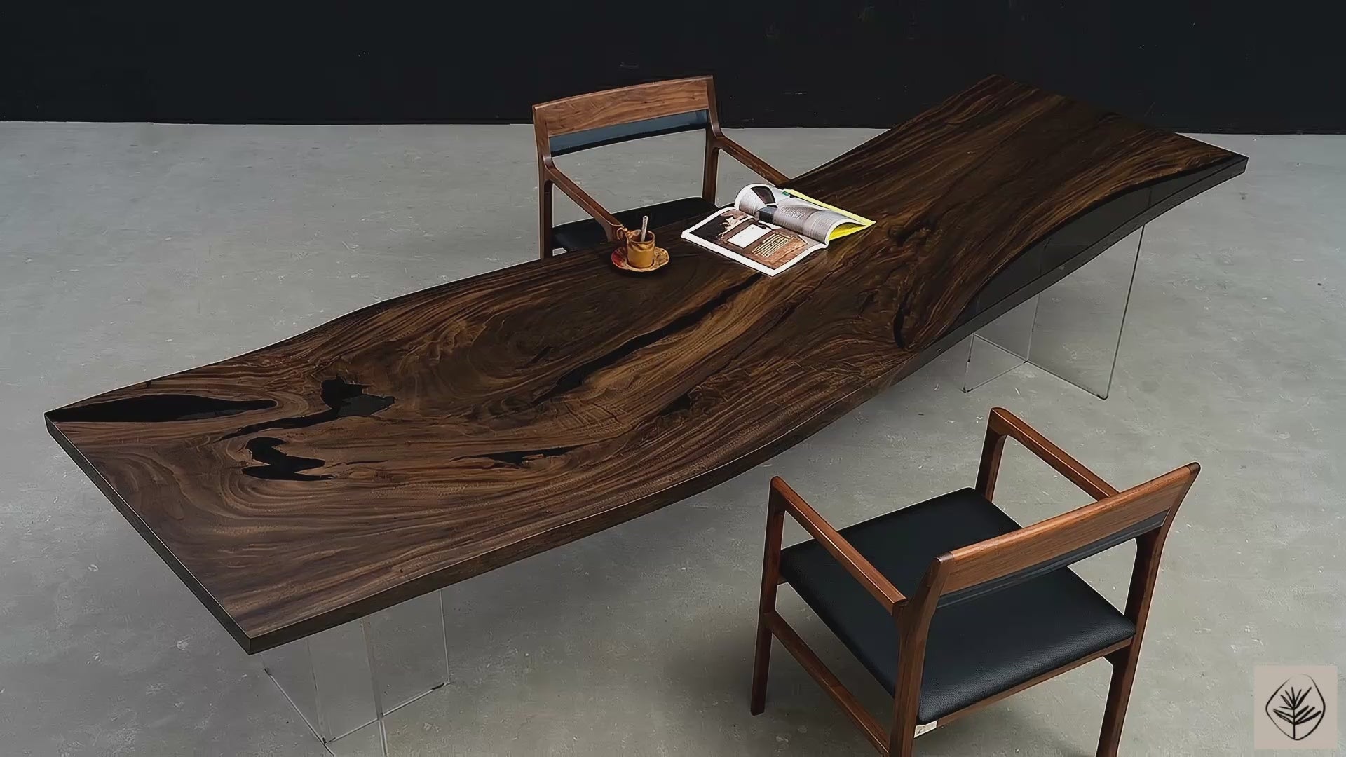 Full table overview of Rainfall Meridian live edge rainwood table on transparent resin legs in studio setting