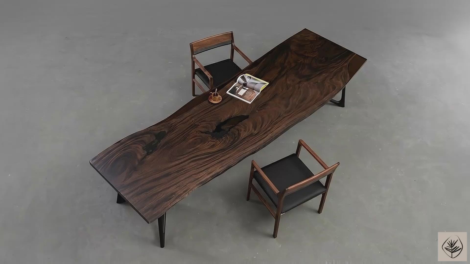 Full table overview of Meridian live edge rainwood table on transparent resin legs in studio setting