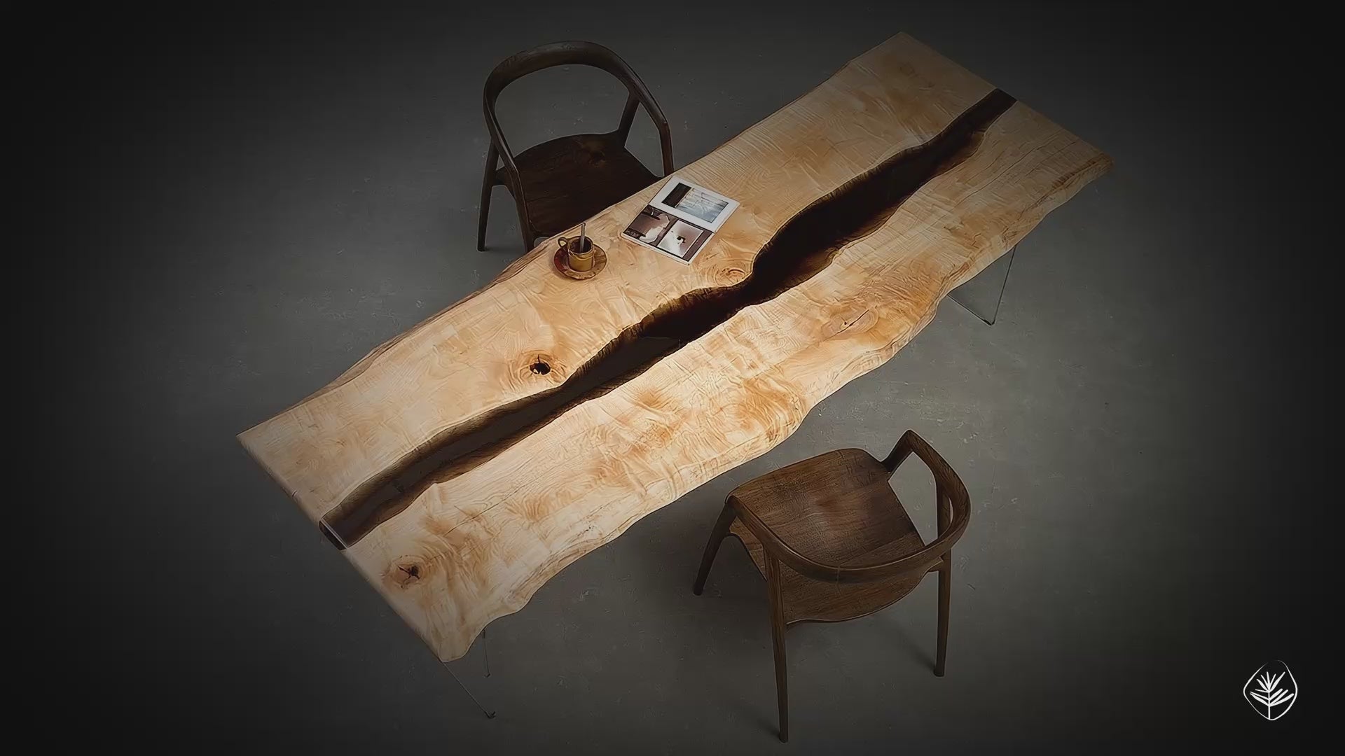 Rotating view of the Legacy table highlighting its sculptural from, natural wood grain, and smooth hand-finished surface