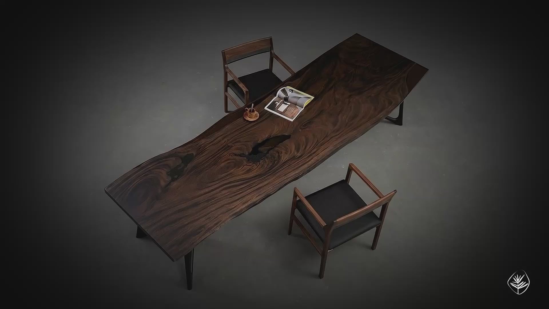 Architectural rainwood live edge table with resin base, shown in contemporary studio setting