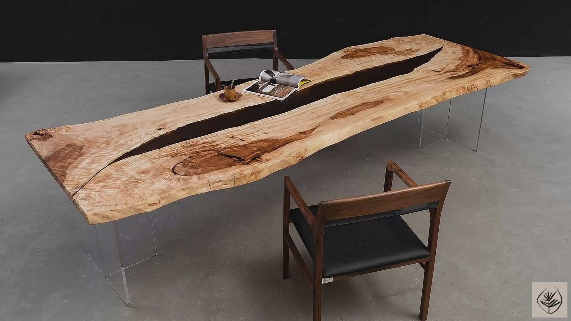 Full table overview of Tochi Horizon live edge Japanese horse chestnut table on transparent resin legs in studio setting