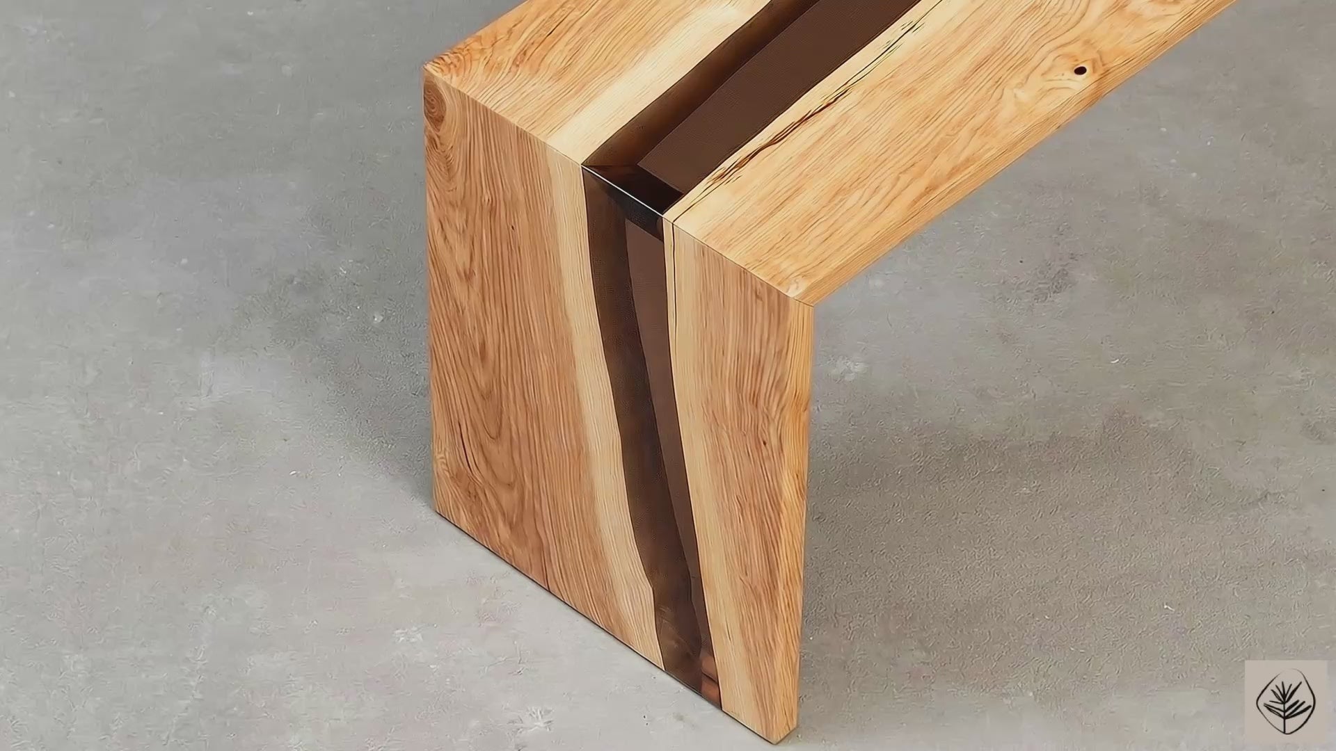 ash bench with resin river detail video display of grain, architectural geometry and style