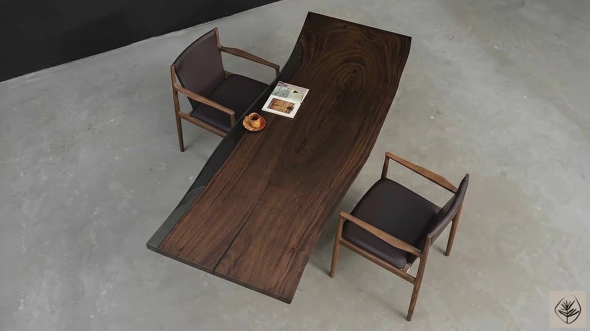 Full table overview of Meridian Shores live edge rainwood table on transparent resin legs in studio setting