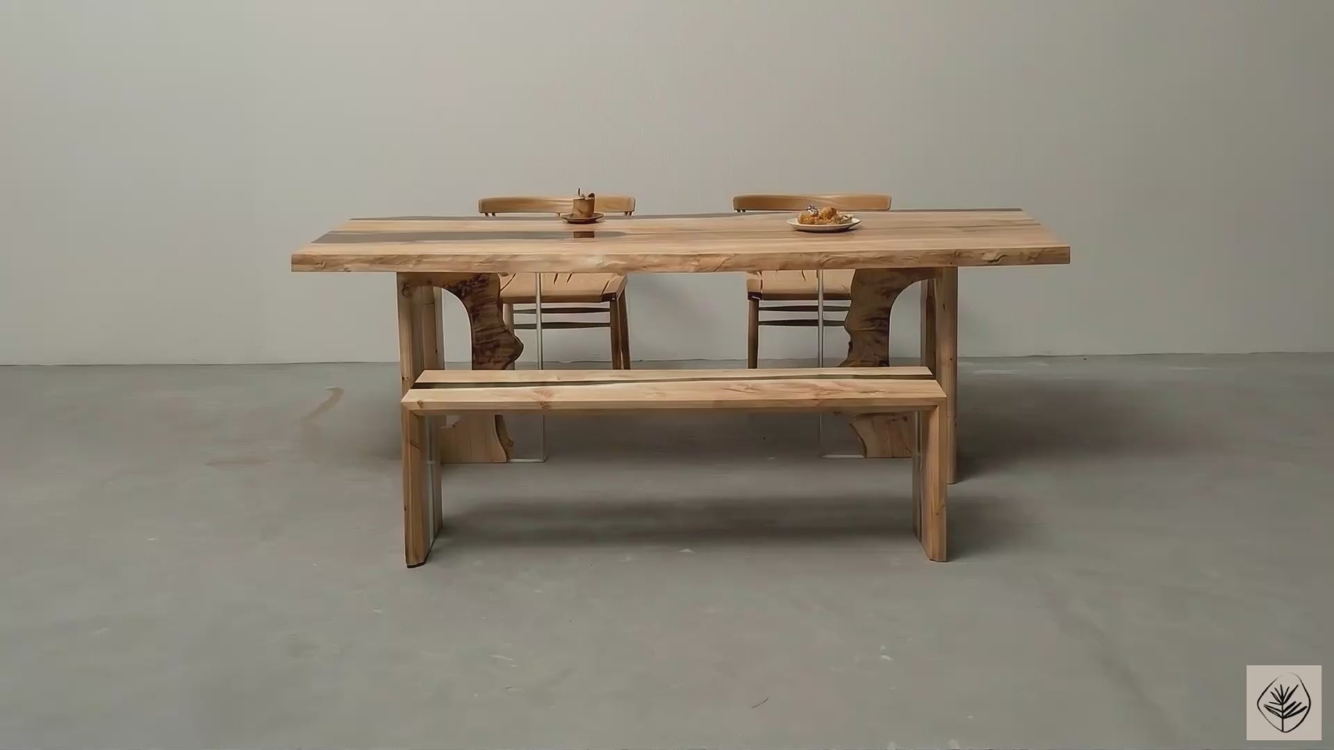 Convergence dining table in ash with flowing resin detail by Woodslabs