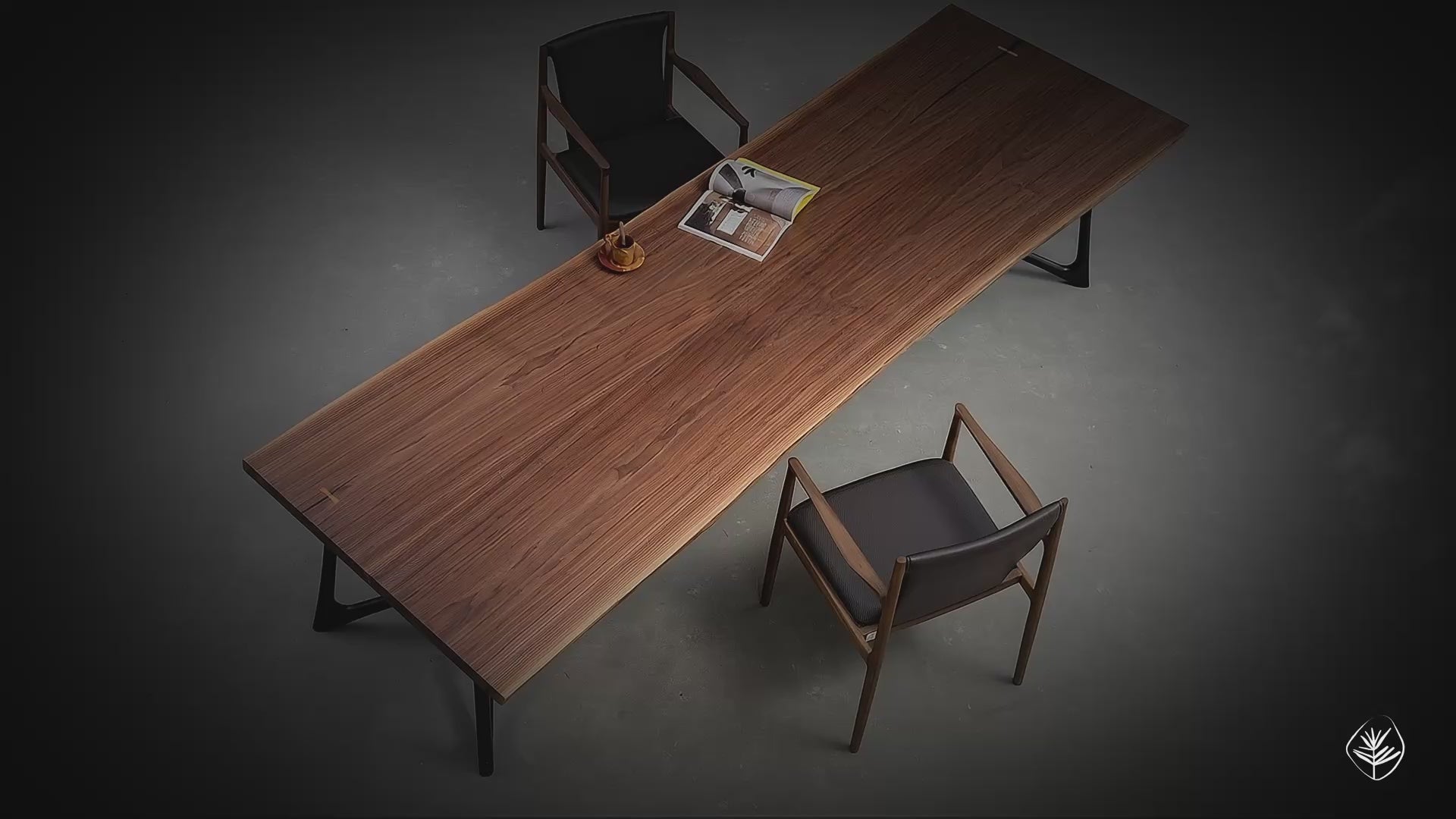 Duskwood Bridge sculptural wood table featuring a strong linear form, solid wood surface, and architectural presence