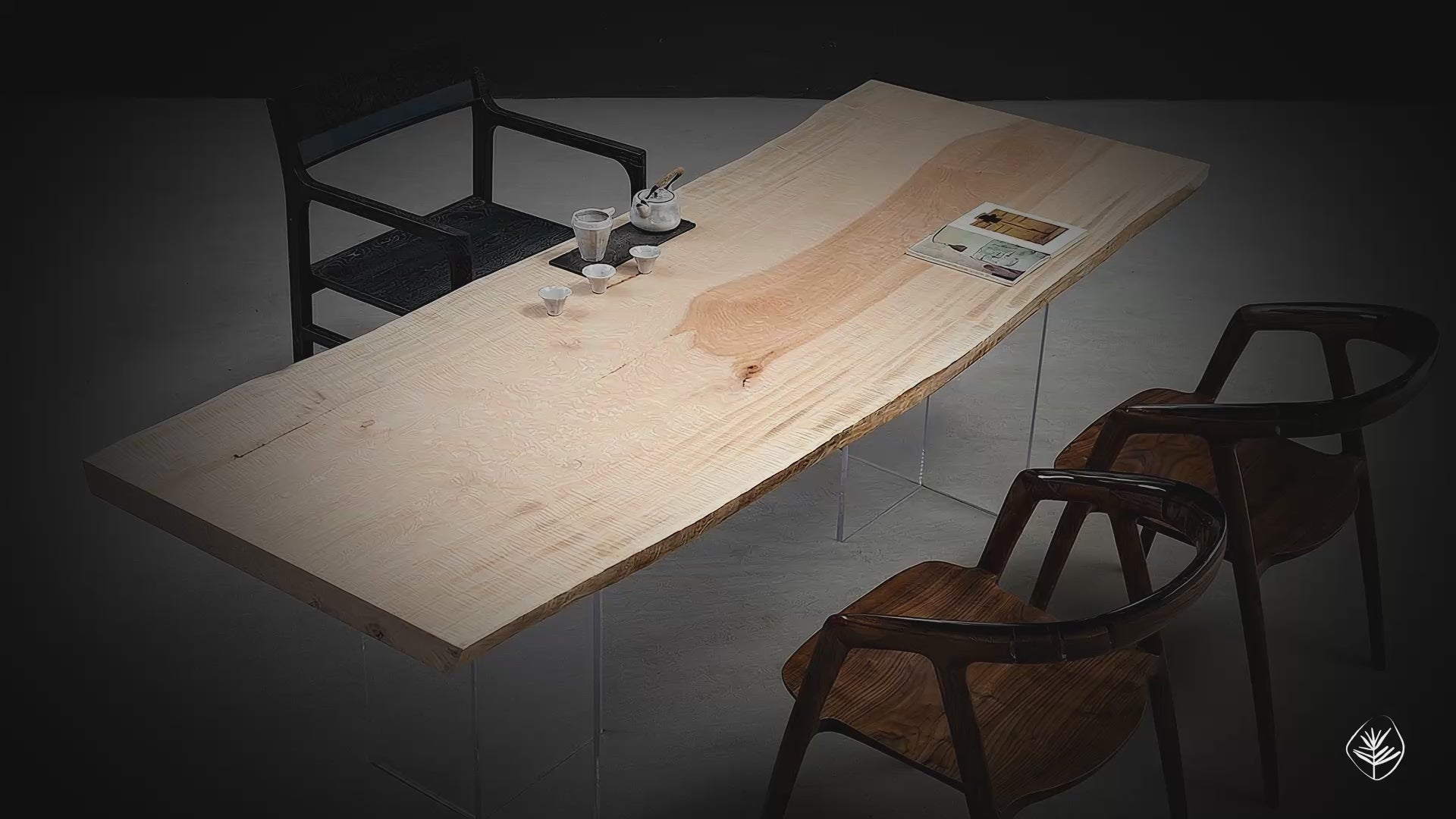 tochi kodama japanese horse chestnut live edge table camera panning views with surrounding chairs