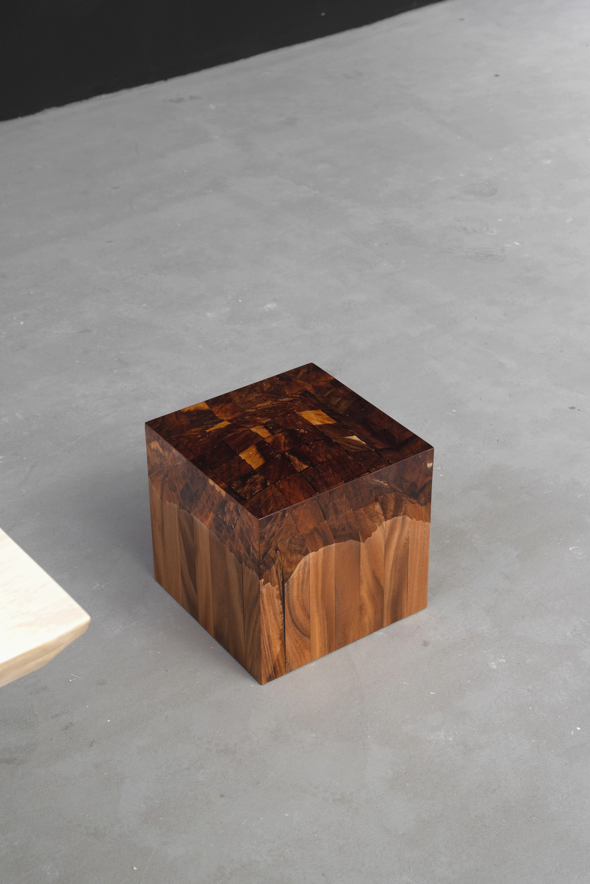 Downward perspective of cube revealing the intricate texture of rainwood root and resin.