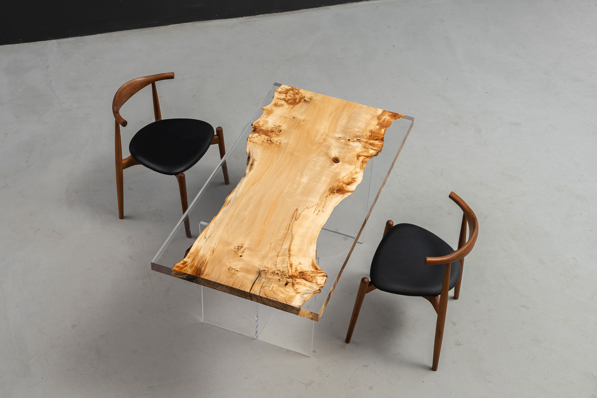 Overhead-side view showing entire Clarity Prism Table setup with base and seating.