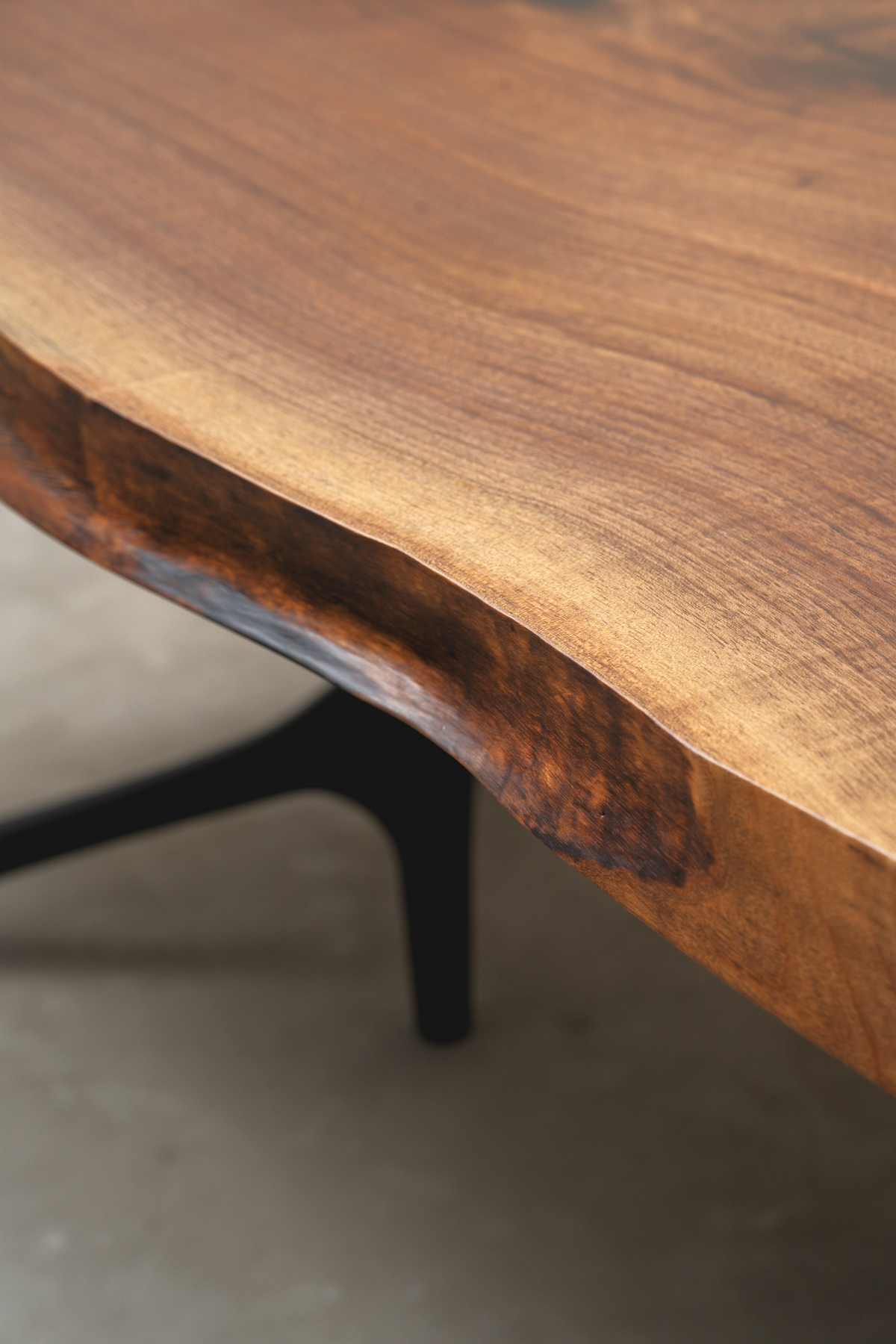 An intimate look at the live edge of the Span of Influence Table, celebrating the raw beauty of solid black walnut.
