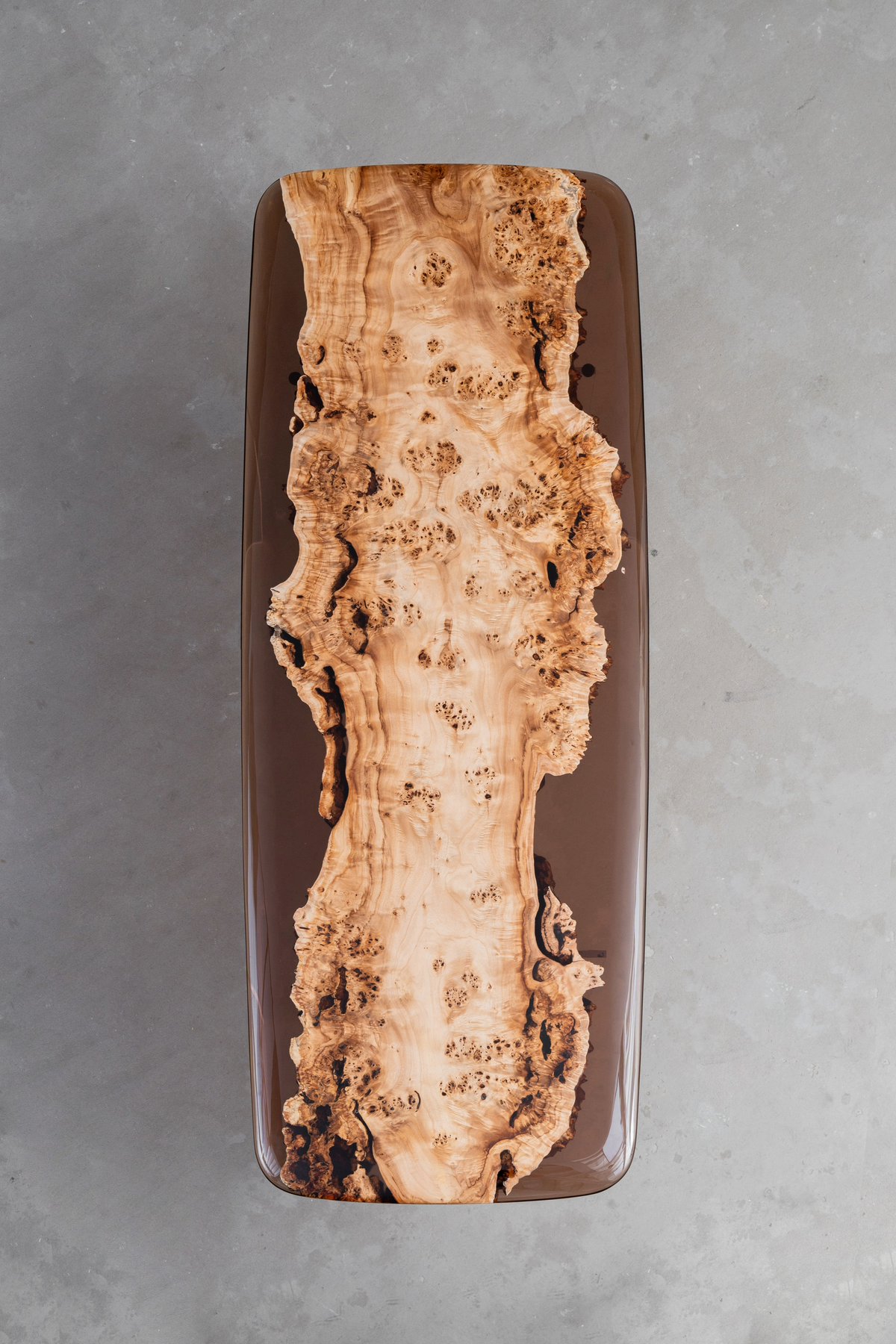 Overhead shot revealing the intricate mappa burl grain and hand-poured epoxy on the Synthesis Table.