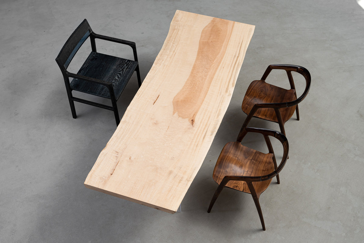 Tochi Kodama luxury live-edge table crafted from rare Japanese horse chestnut with luminous beige tone