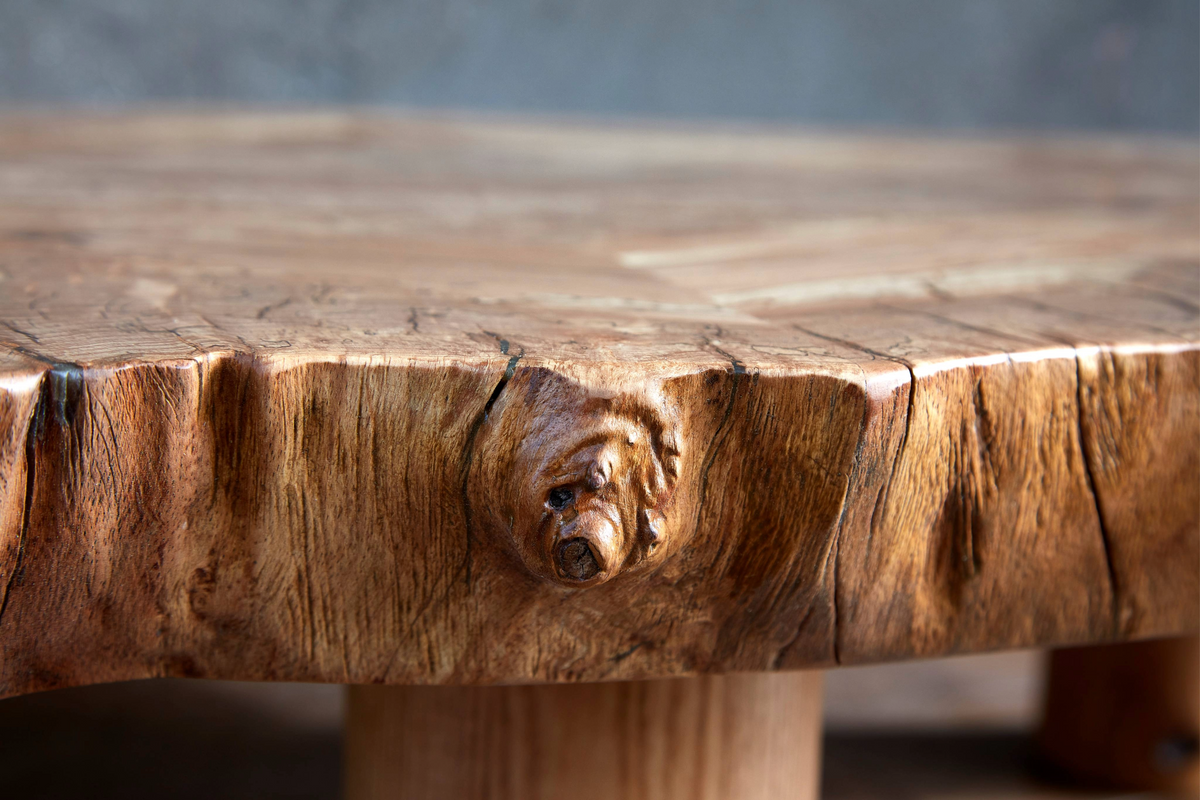 Close-up of the Cocoon Table's live edge spalted beech wood with natural knot. Organic coffee table with book-matched grain and wood texture.