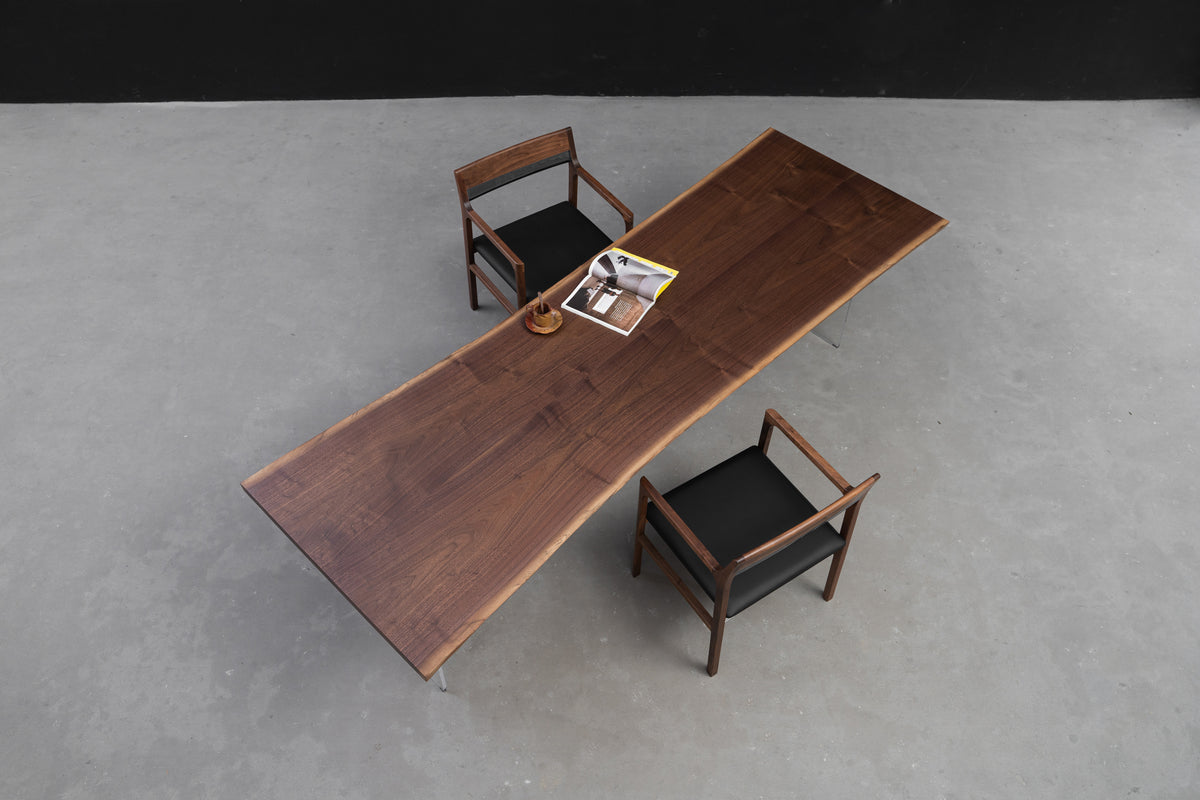 Wide view of the 2.6m Duskwood Frontier dining table with exquisite luxurious grain and espresso tone wood.