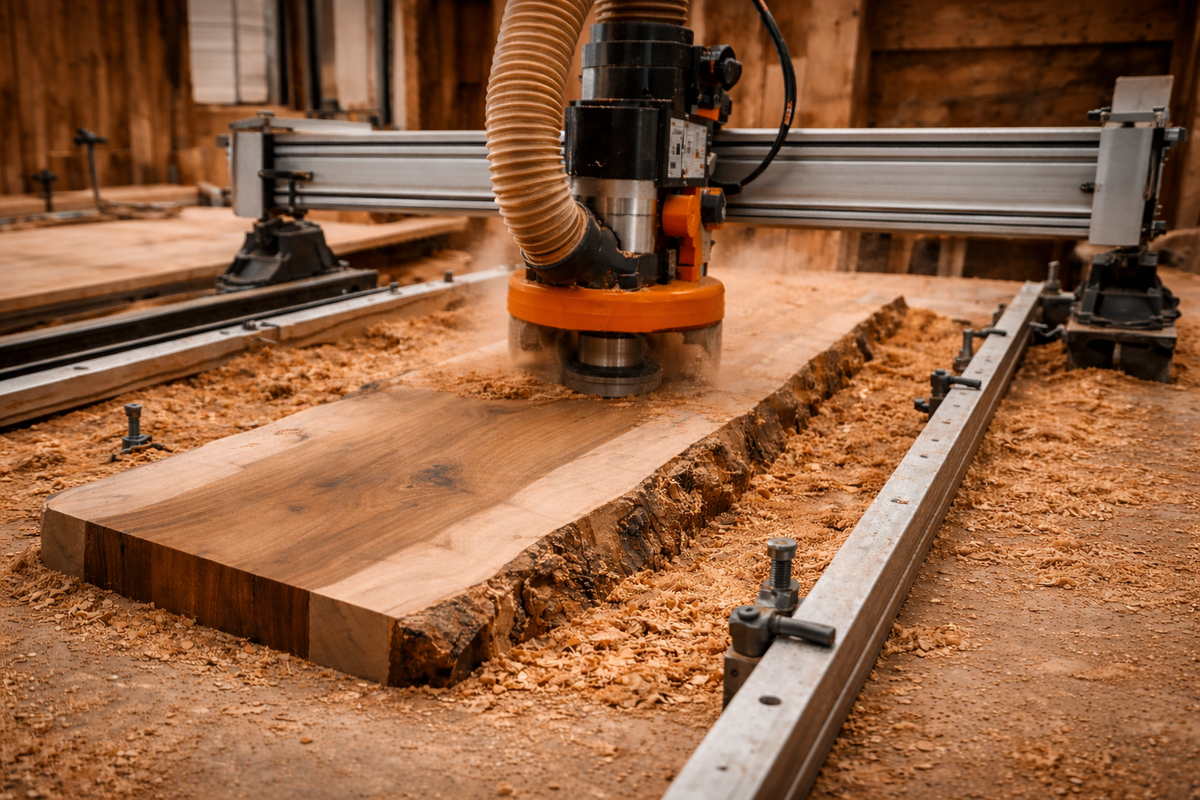 Woodworking CNC machine levelling a piece of wood in a workshop setting.