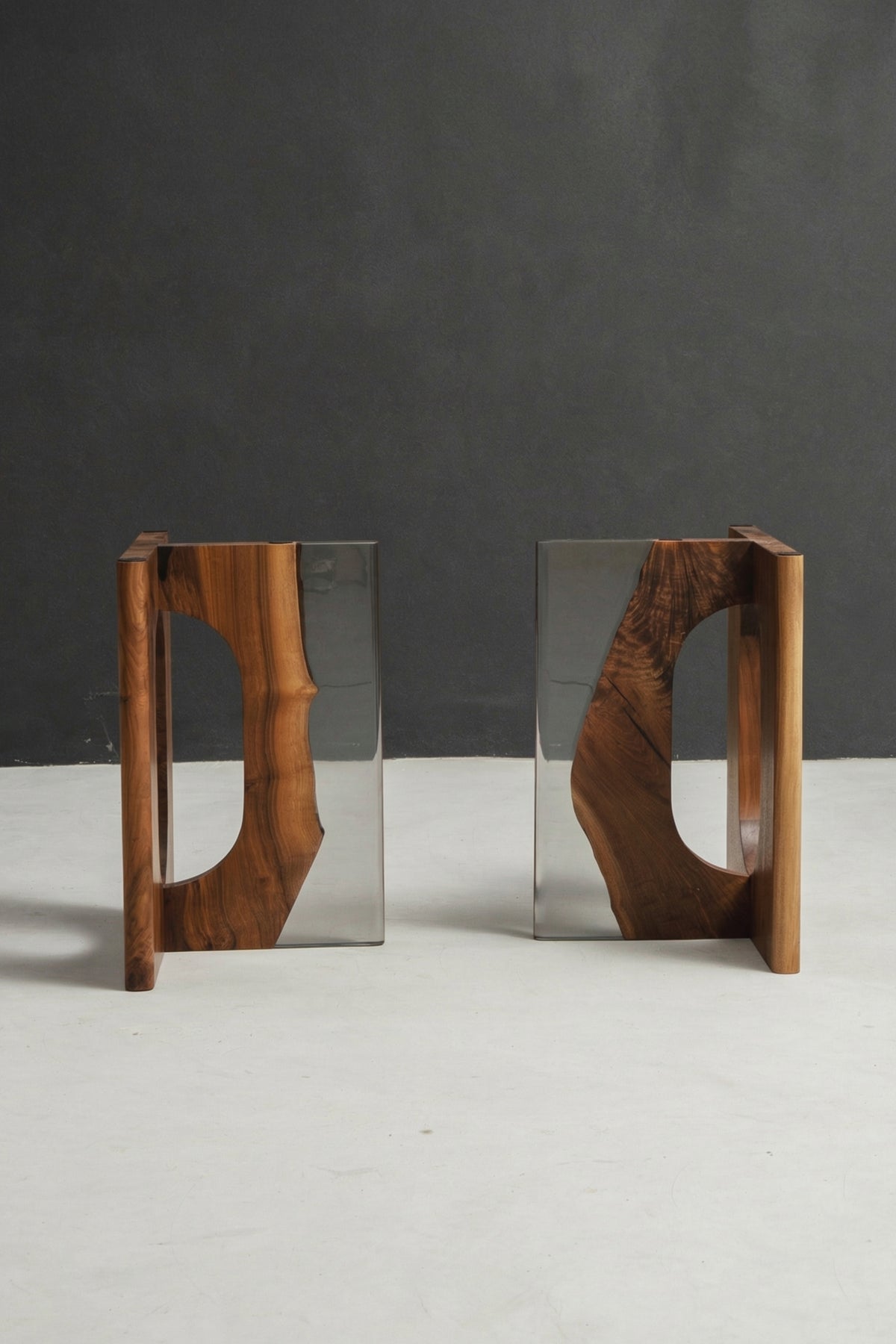 Pair of Pillars of Symposium bases in black walnut, sculptural stands designed for large live-edge wood slab tables