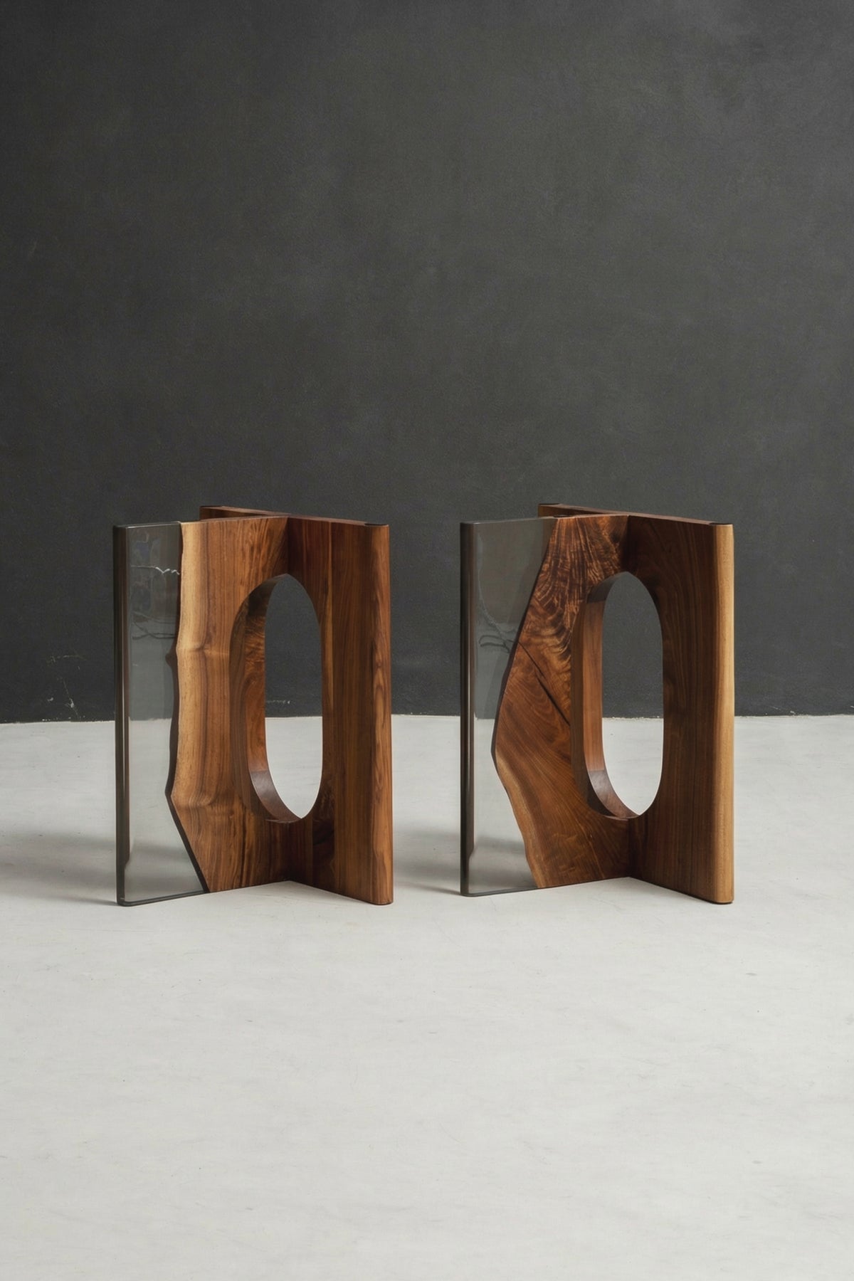 Pair of Pillars of Symposium bases in black walnut, sculptural column forms designed for large live-edge dining tables